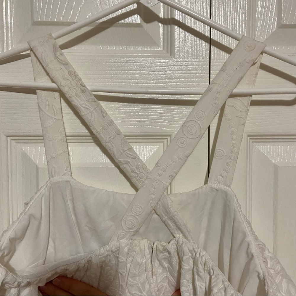 Madewell Embroidered Apron Ruffle Dress White Lace Criss Cross Back Size 10 - Picture 12 of 13